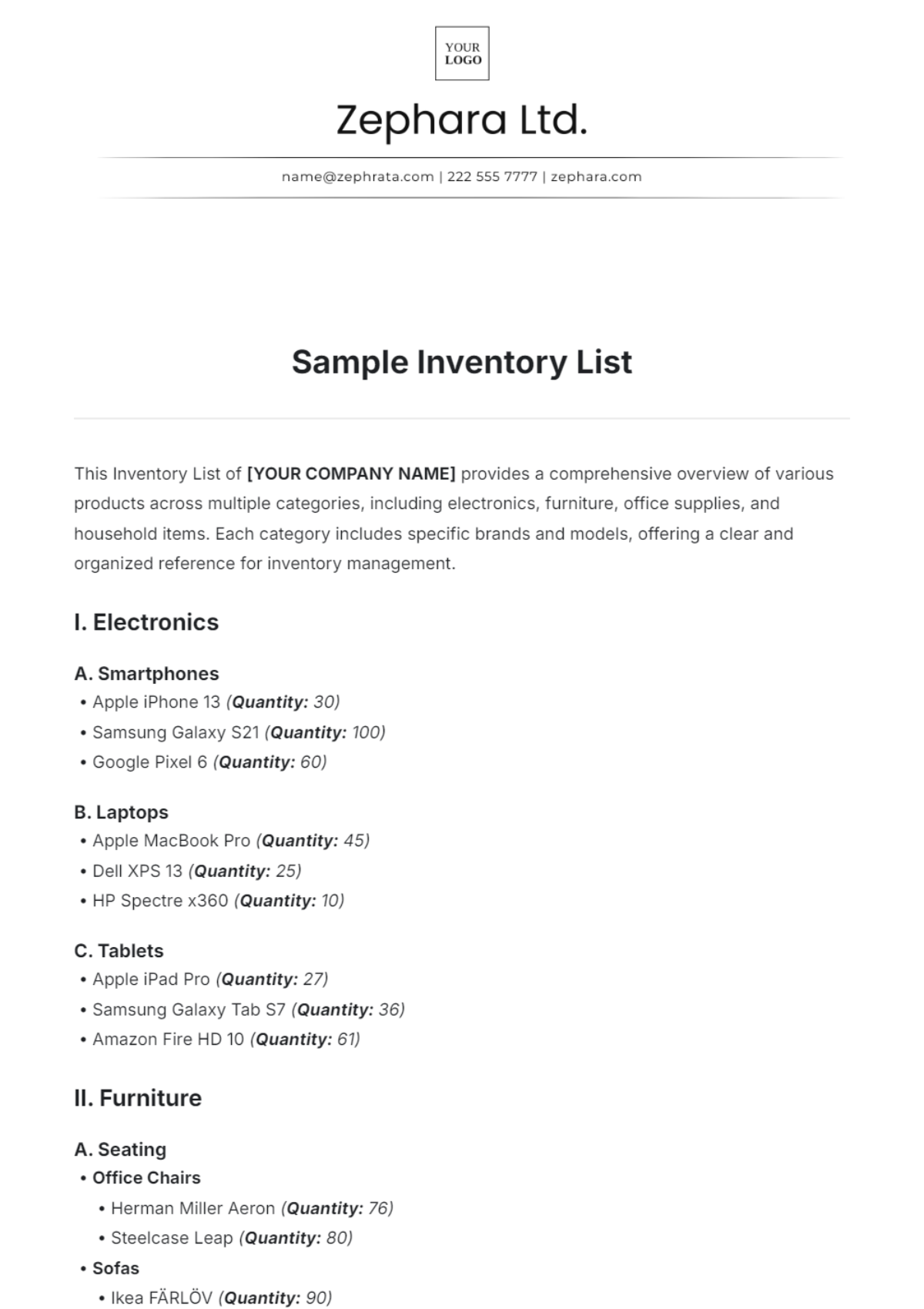 Sample Inventory List Template