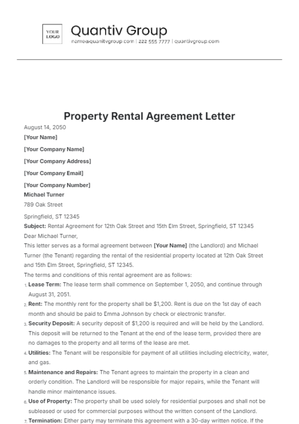 Property Rental Agreement Letter Template