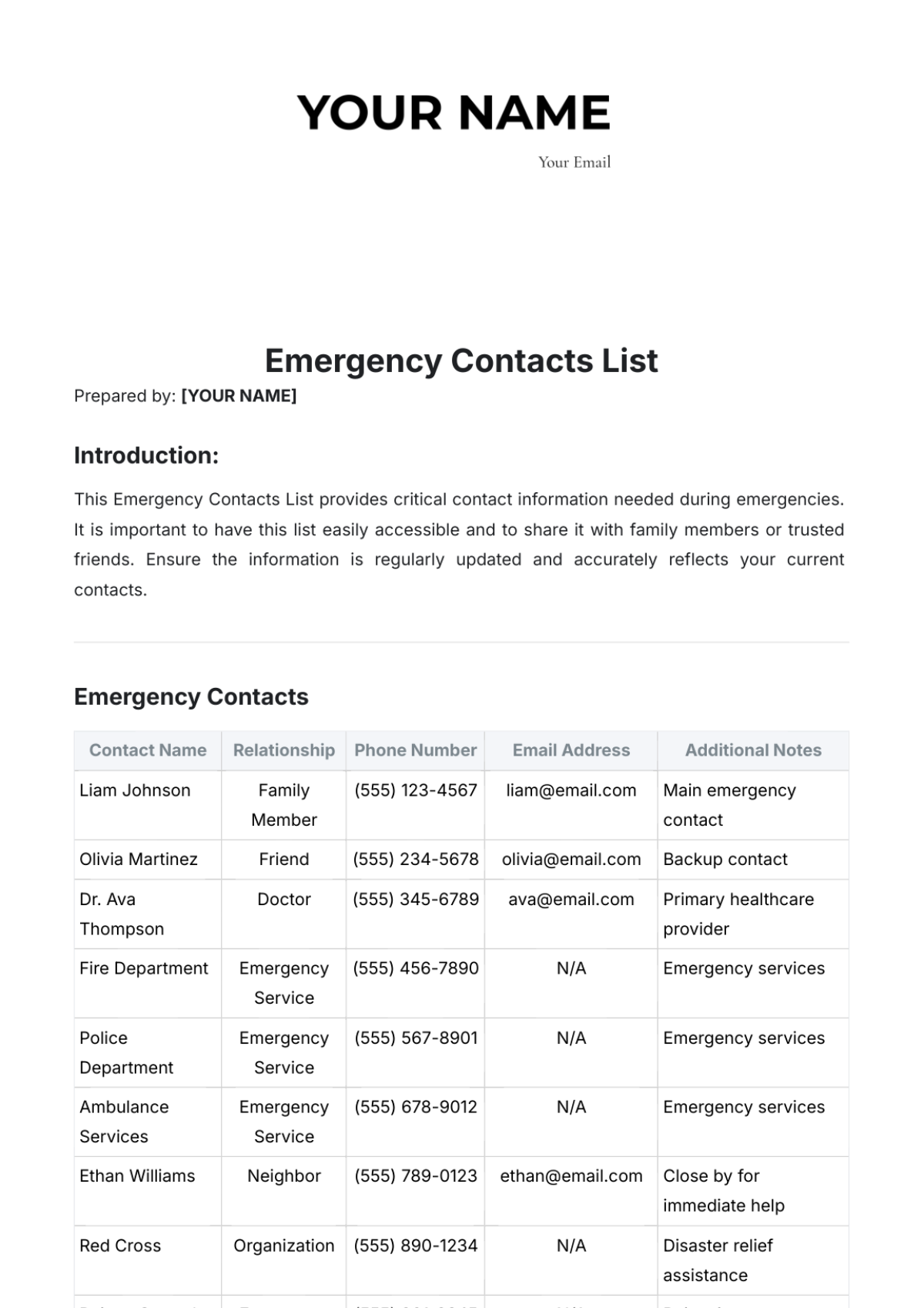 Emergency Contacts List Template - Edit Online & Download