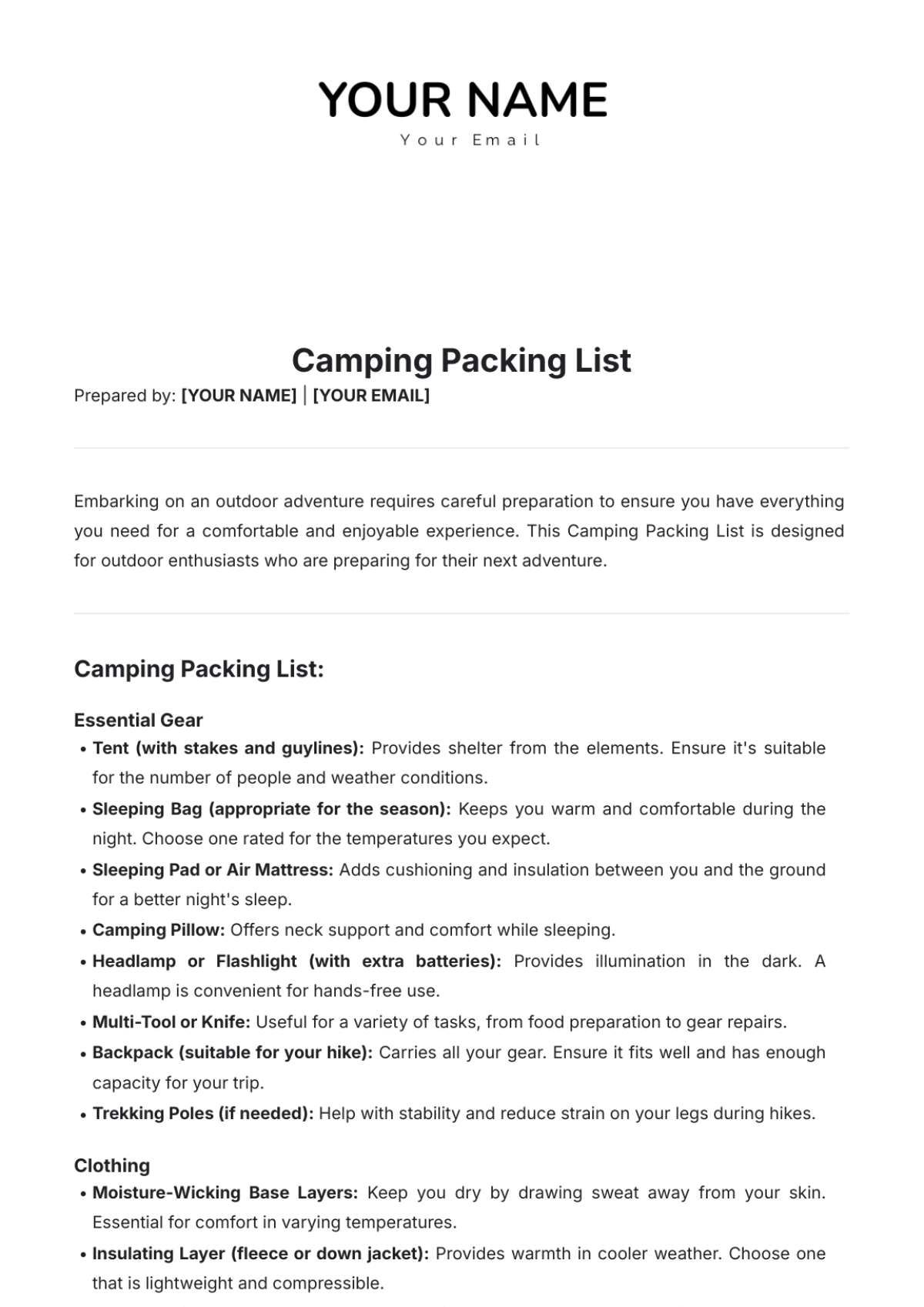 Camping Packing List Template