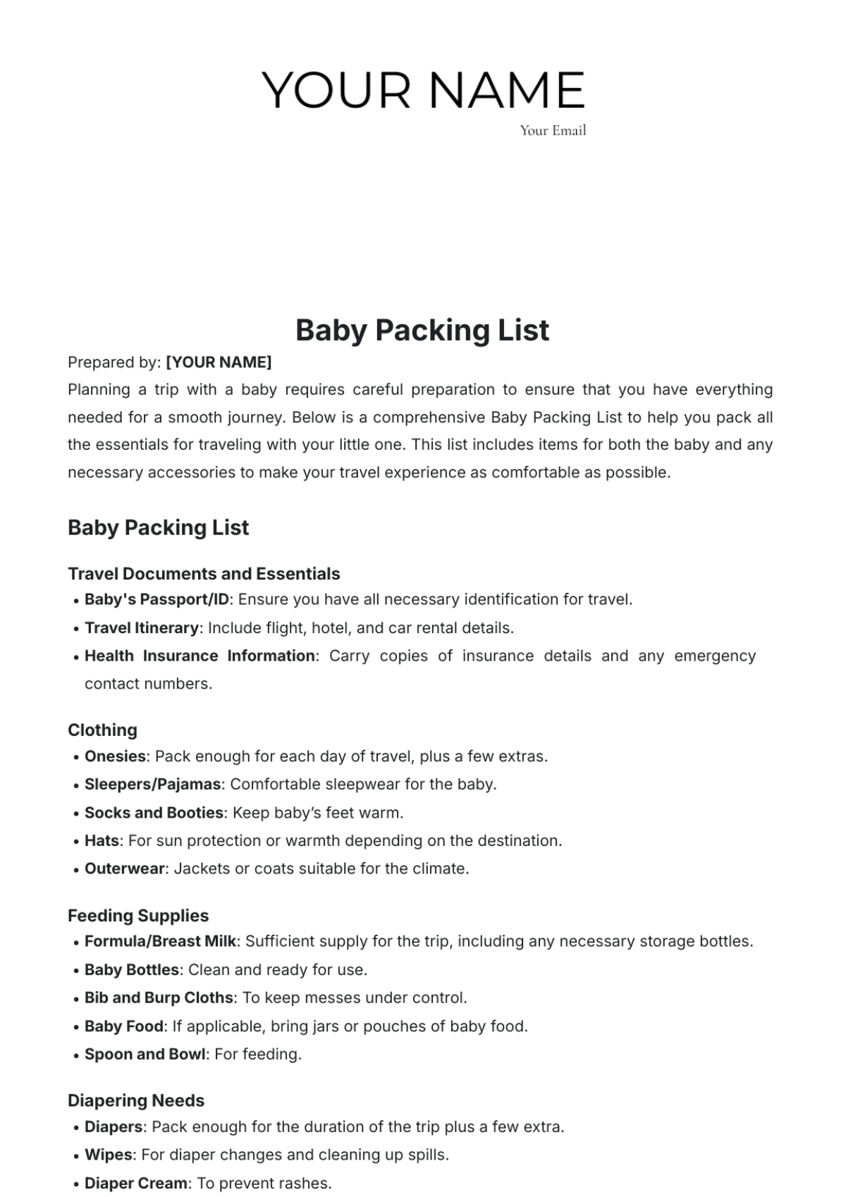 Baby Packing List Template - Edit Online & Download