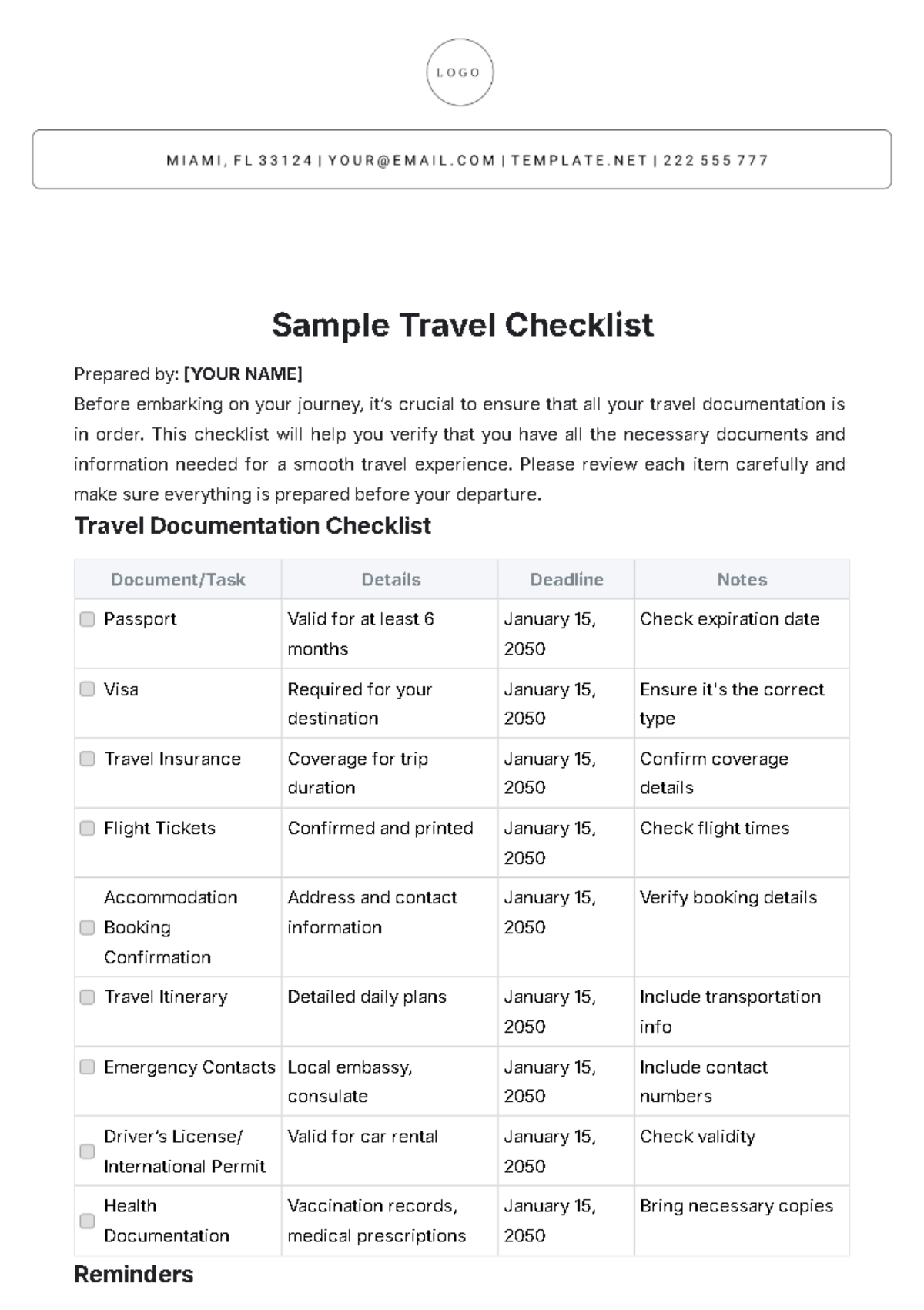 Sample Travel Checklist Template - Edit Online & Download