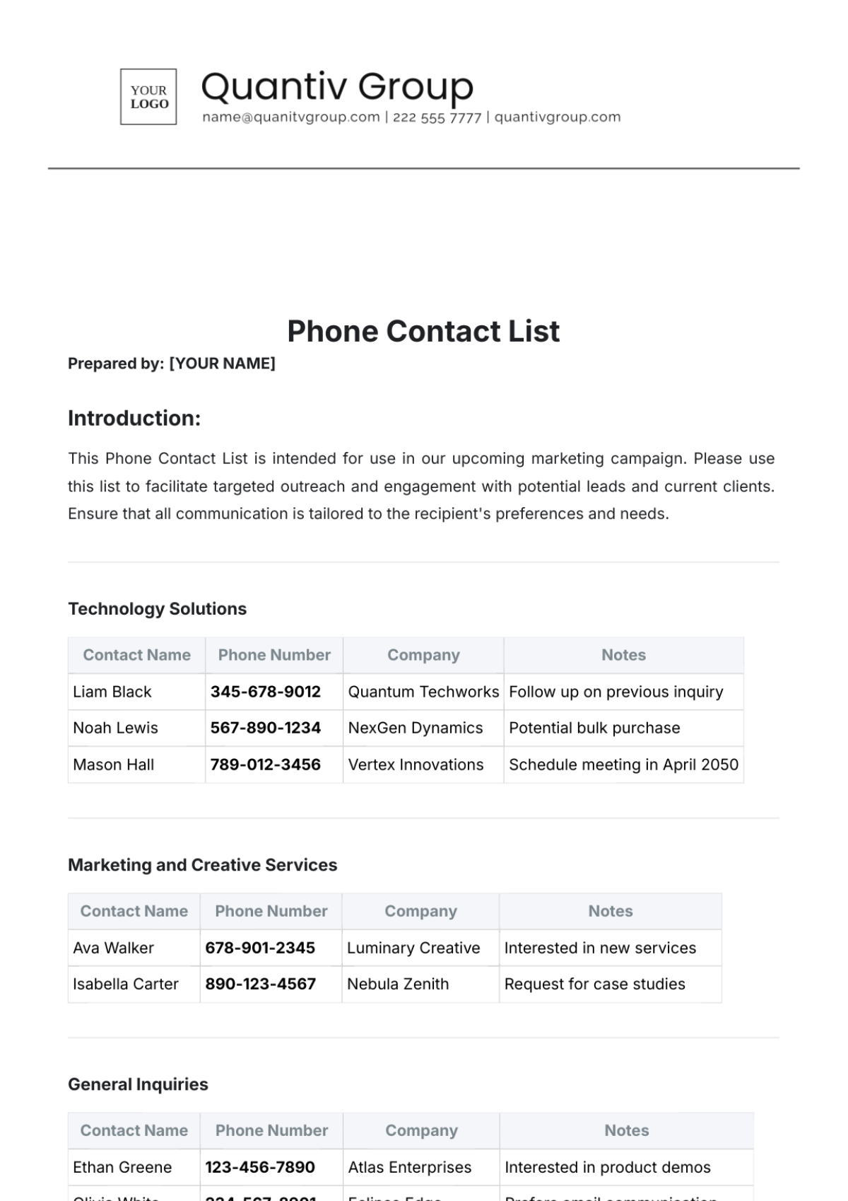 Phone Contact List Template - Edit Online & Download