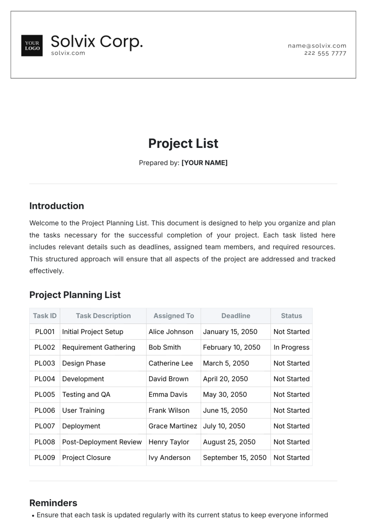 Project List Template - Edit Online & Download