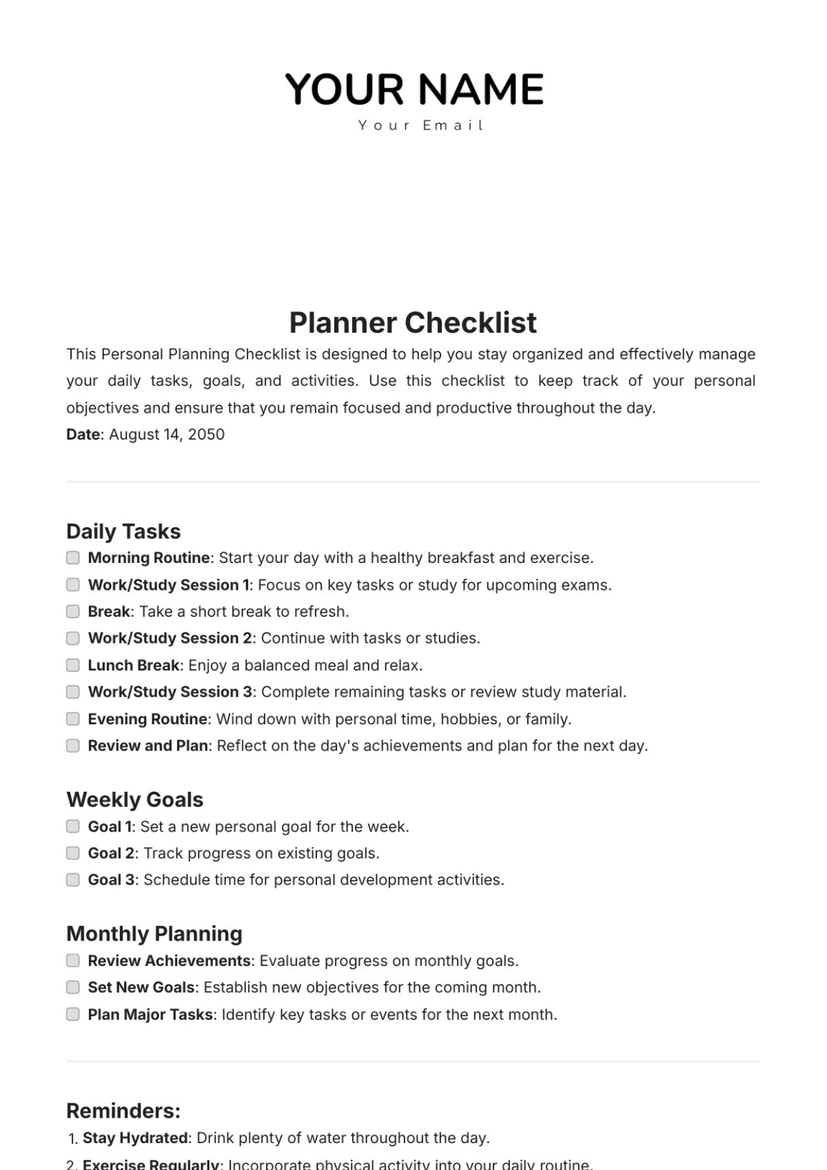 Planner Checklist Template - Edit Online & Download