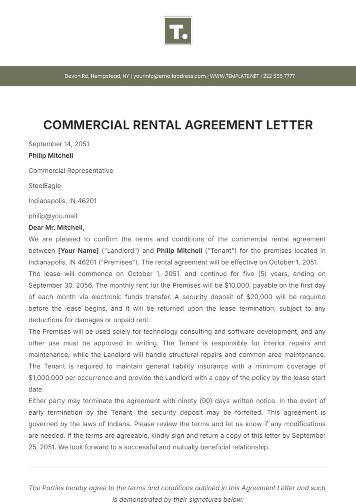 Commercial Rental Agreement Letter Template