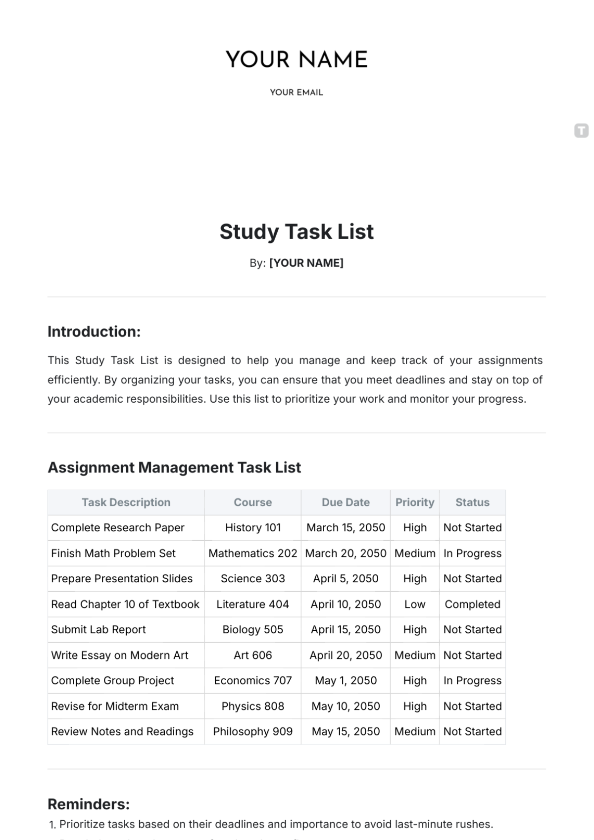 Study Task List Template - Edit Online & Download