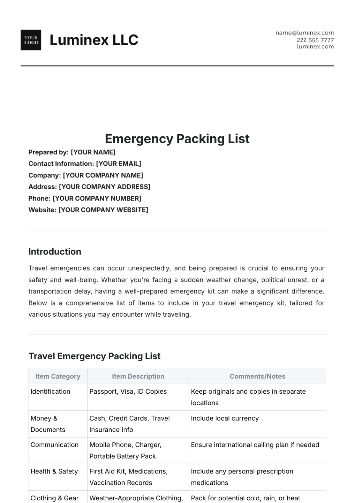 Emergency Packing List Template - Edit Online & Download