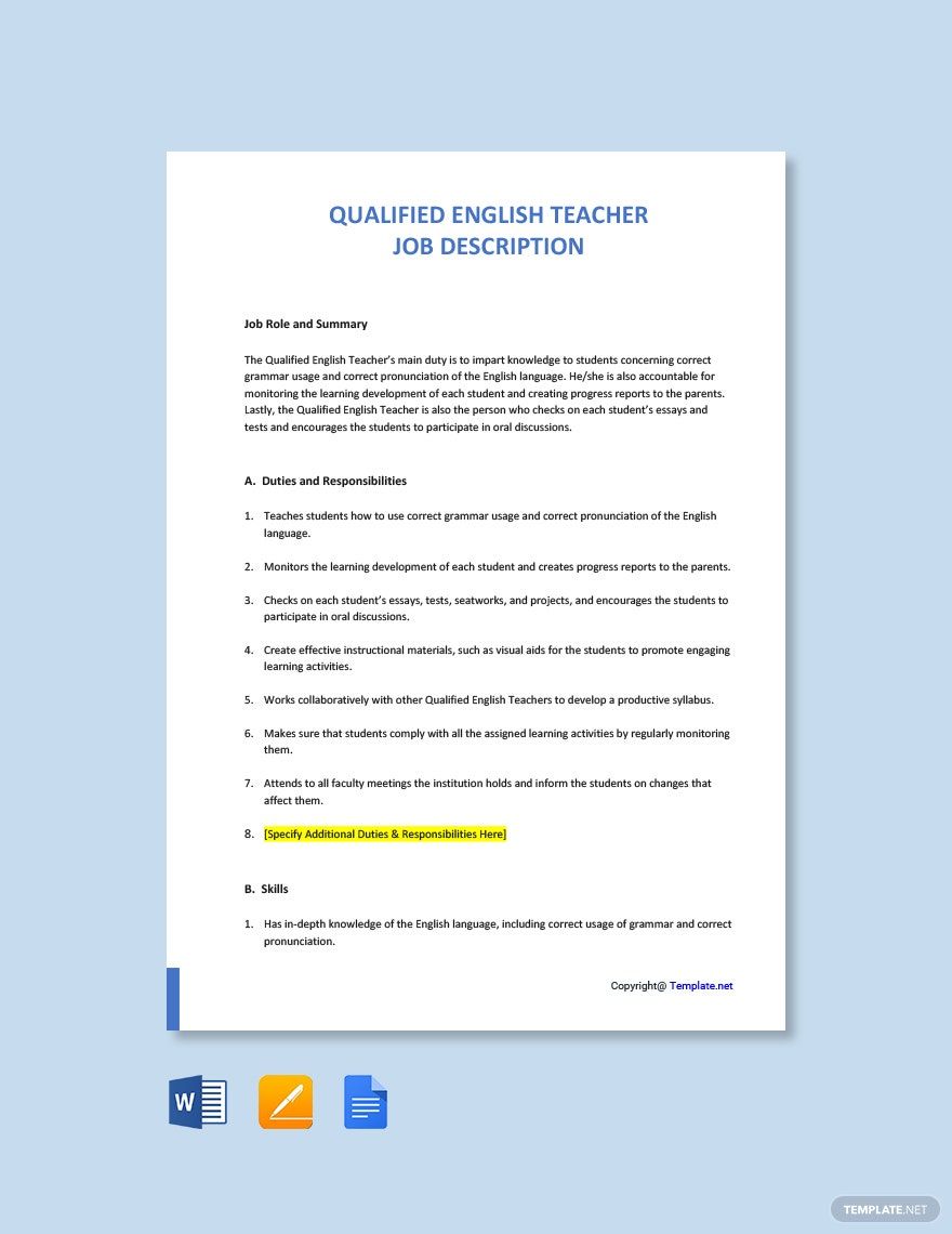 Qualified English Teacher Job Ad/Description Template