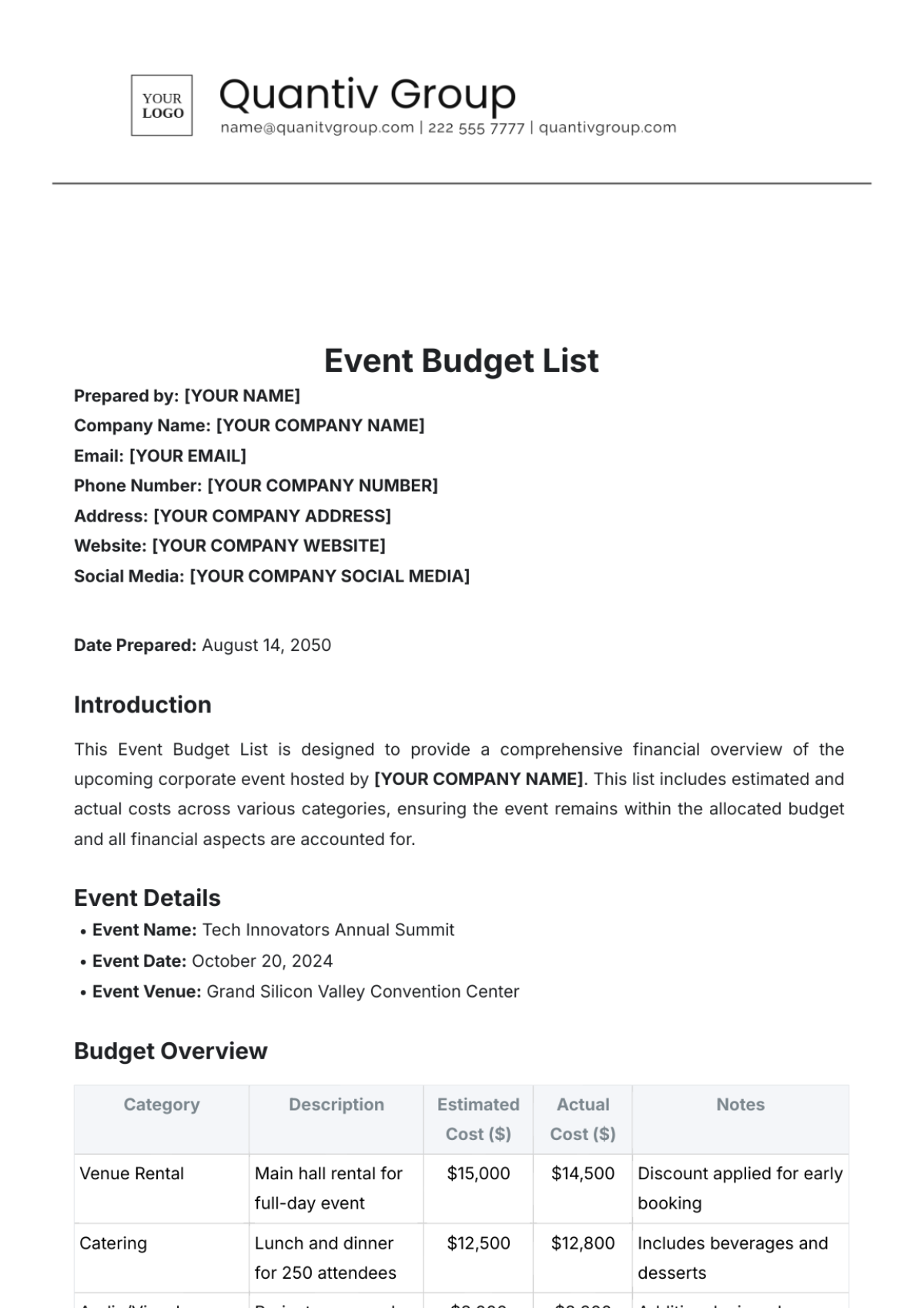 Event Budget List Template - Edit Online & Download