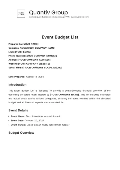 Free Event Budget List Template to Edit Online