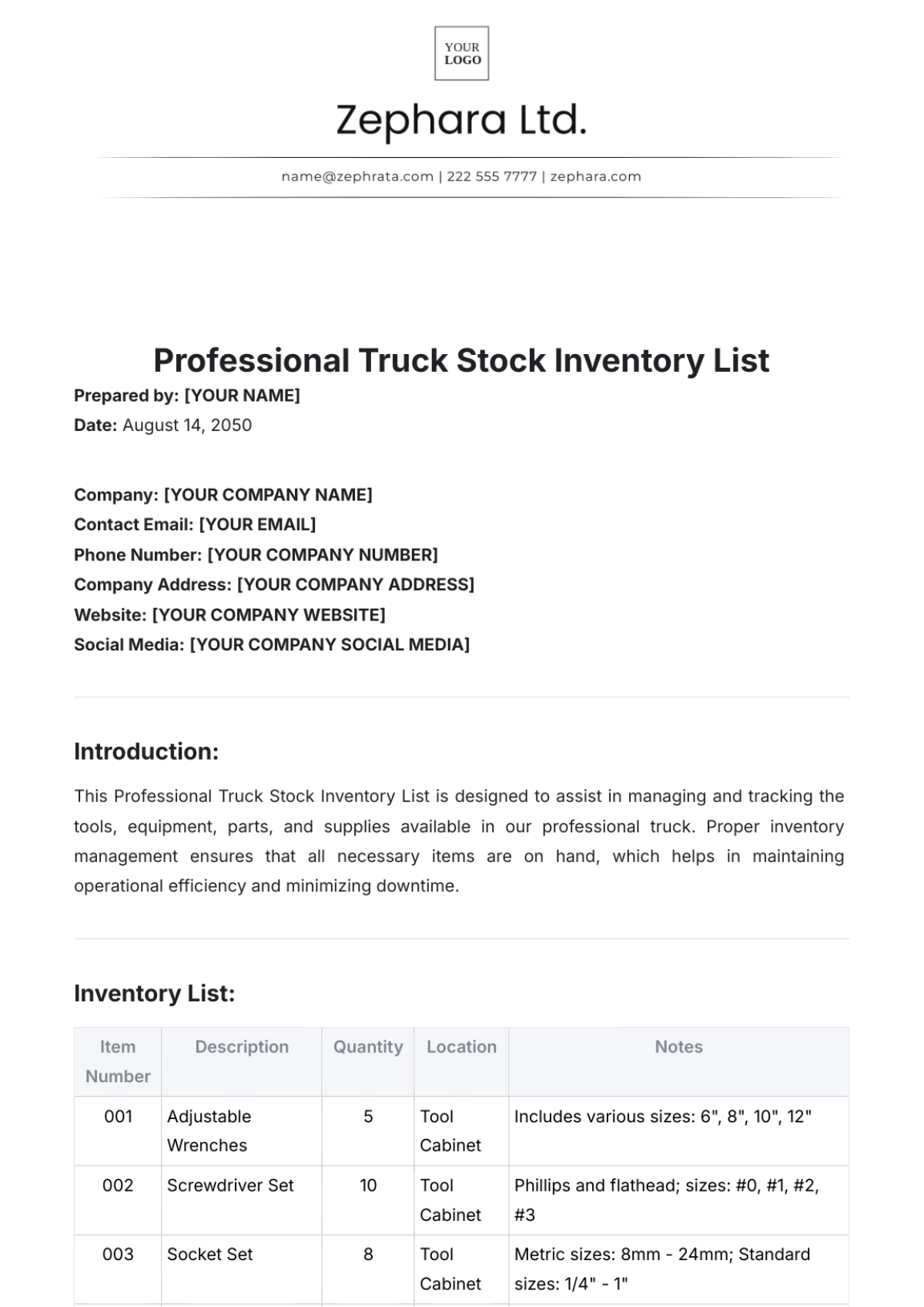 Professional Truck Stock Inventory List Template - Edit Online & Download