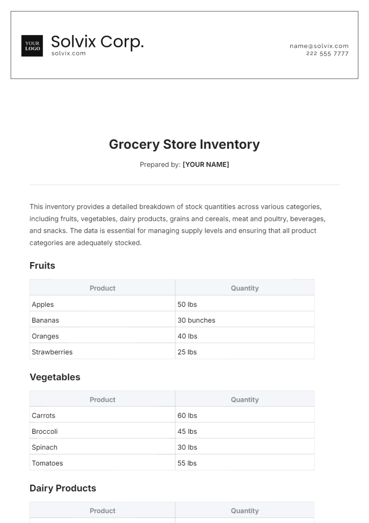 Grocery Store Inventory Template