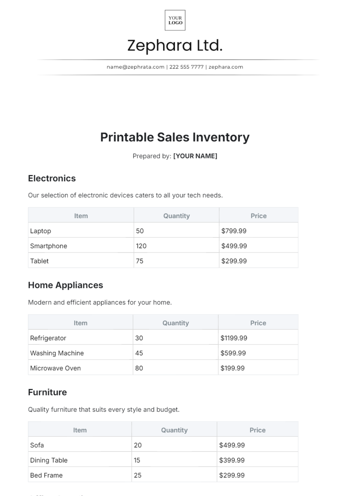 Printable Sales Inventory Template