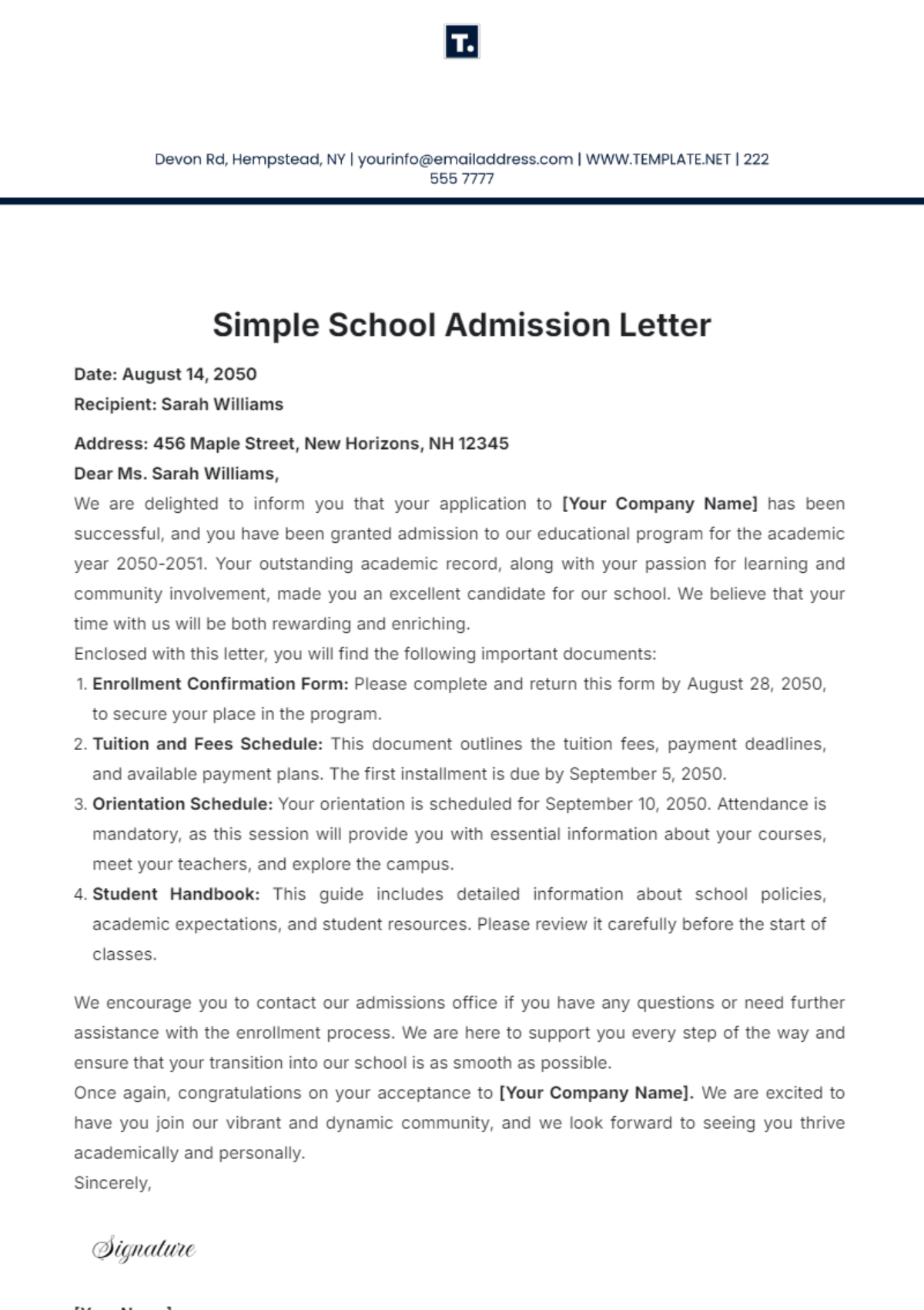 Simple School Admission Letter Template - Edit Online & Download