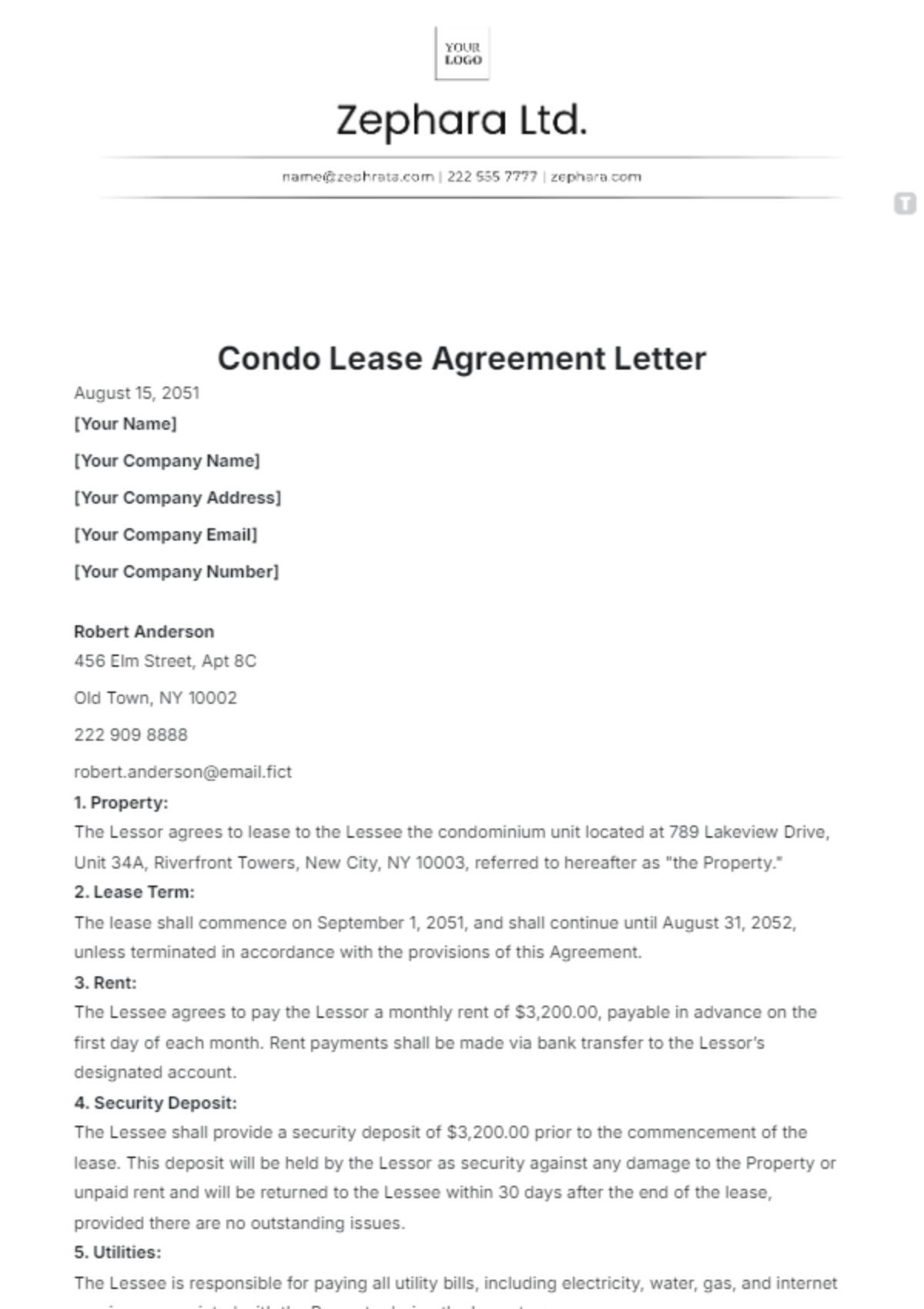 Condo Lease Agreement Letter Template