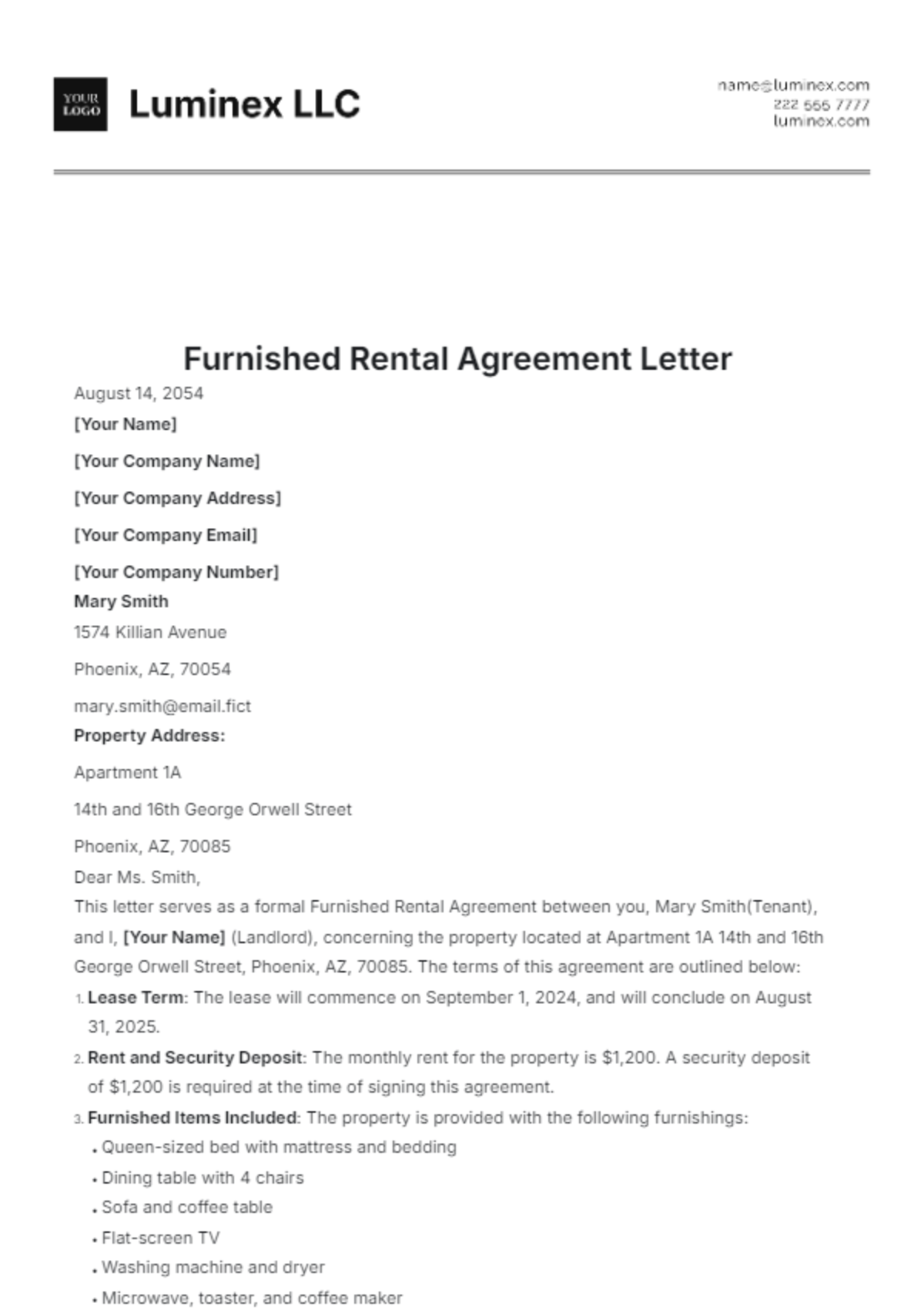 Furnished Rental Agreement Letter Template