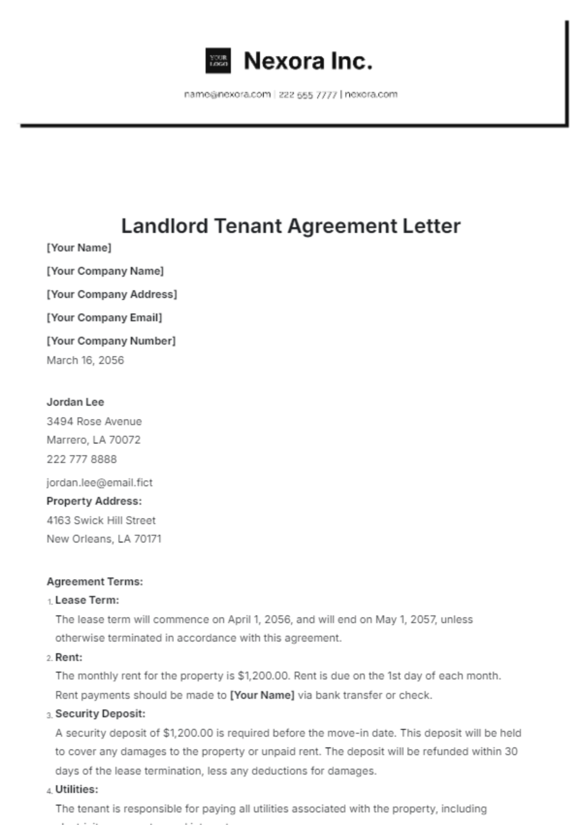 Landlord Tenant Agreement Letter Template