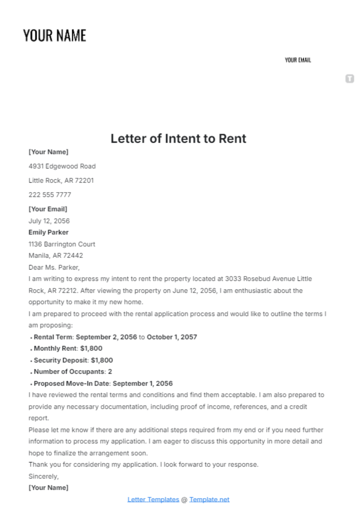 Letter of Intent to Rent Template