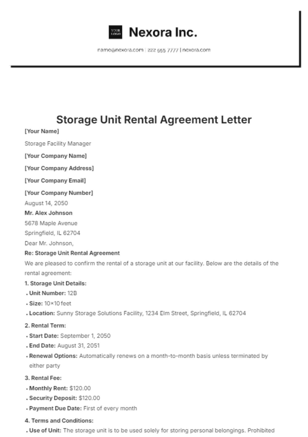 Storage Unit Rental Agreement Letter Template