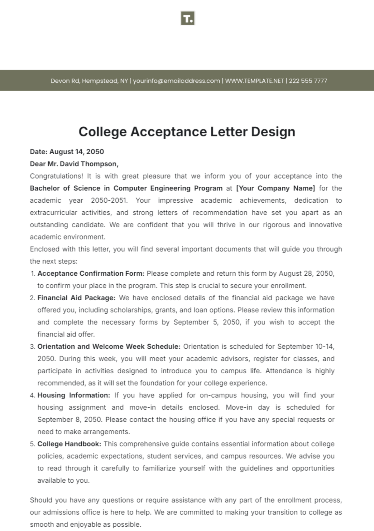 College Acceptance Letter Design Template - Edit Online & Download