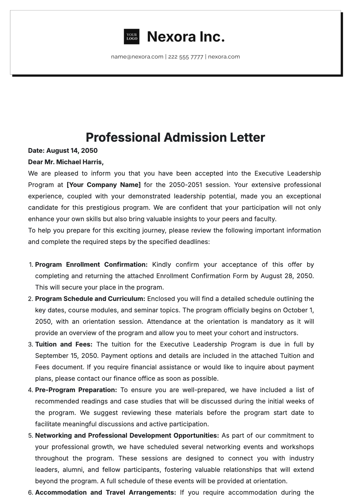 Professional Admission Letter Template