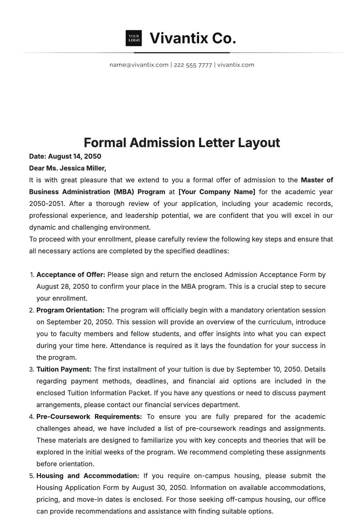 Formal Admission Letter Layout Template