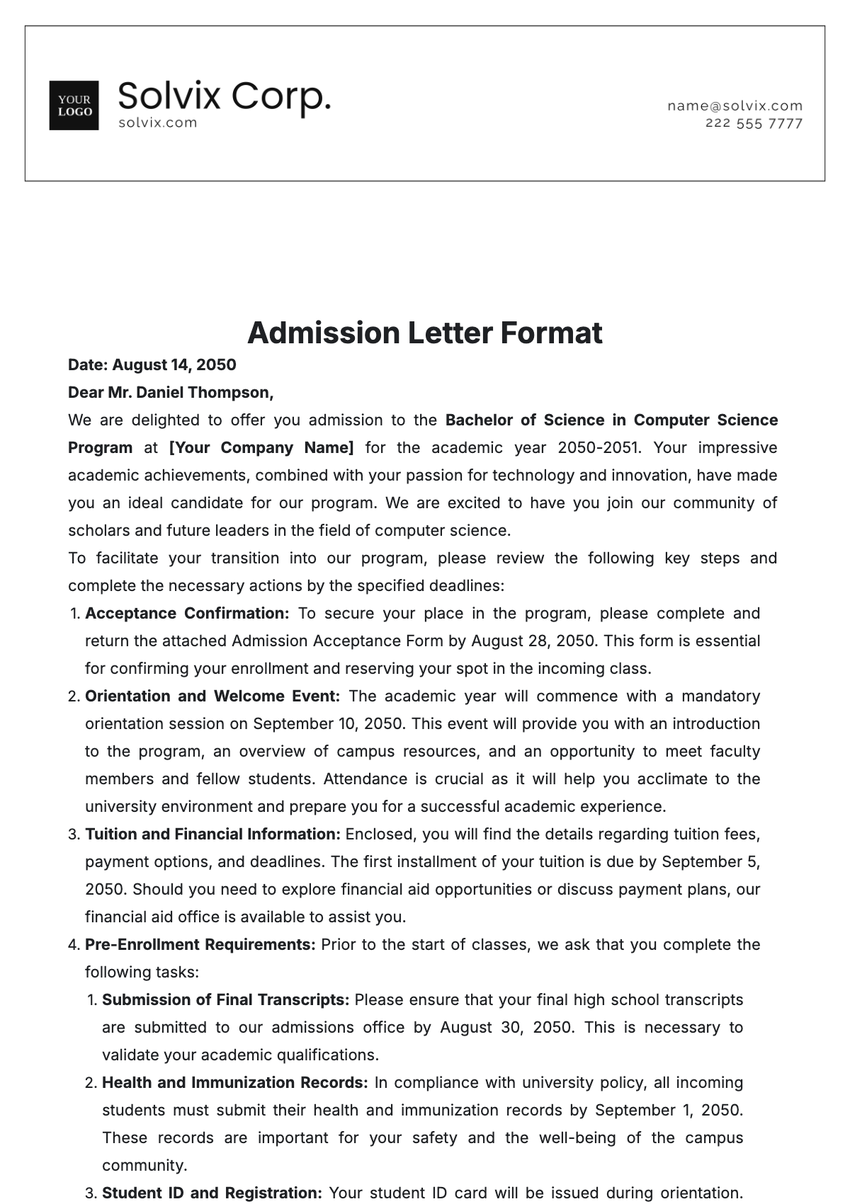 Admission Letter Format Template