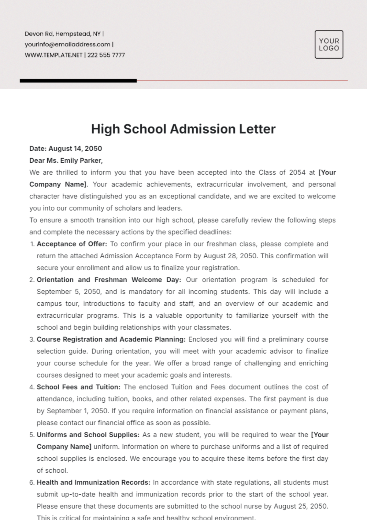 High School Admission Letter Template - Edit Online & Download