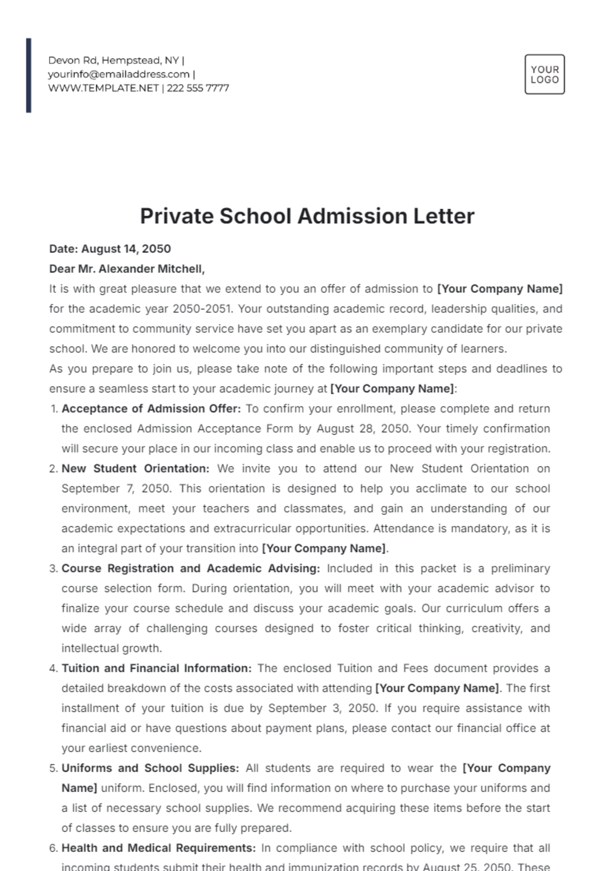 Private School Admission Letter Template - Edit Online & Download