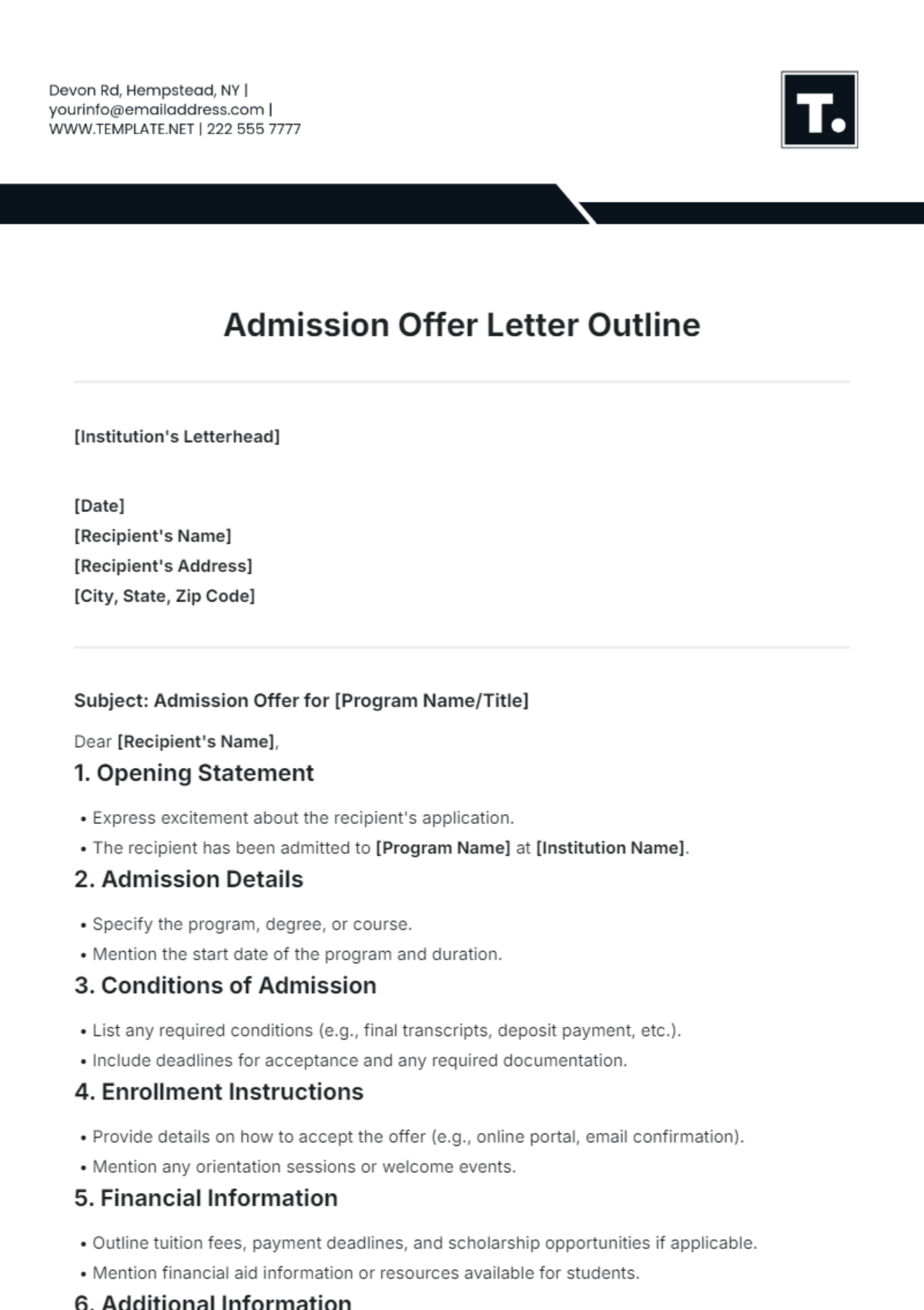 Admission Offer Letter Outline Template - Edit Online & Download