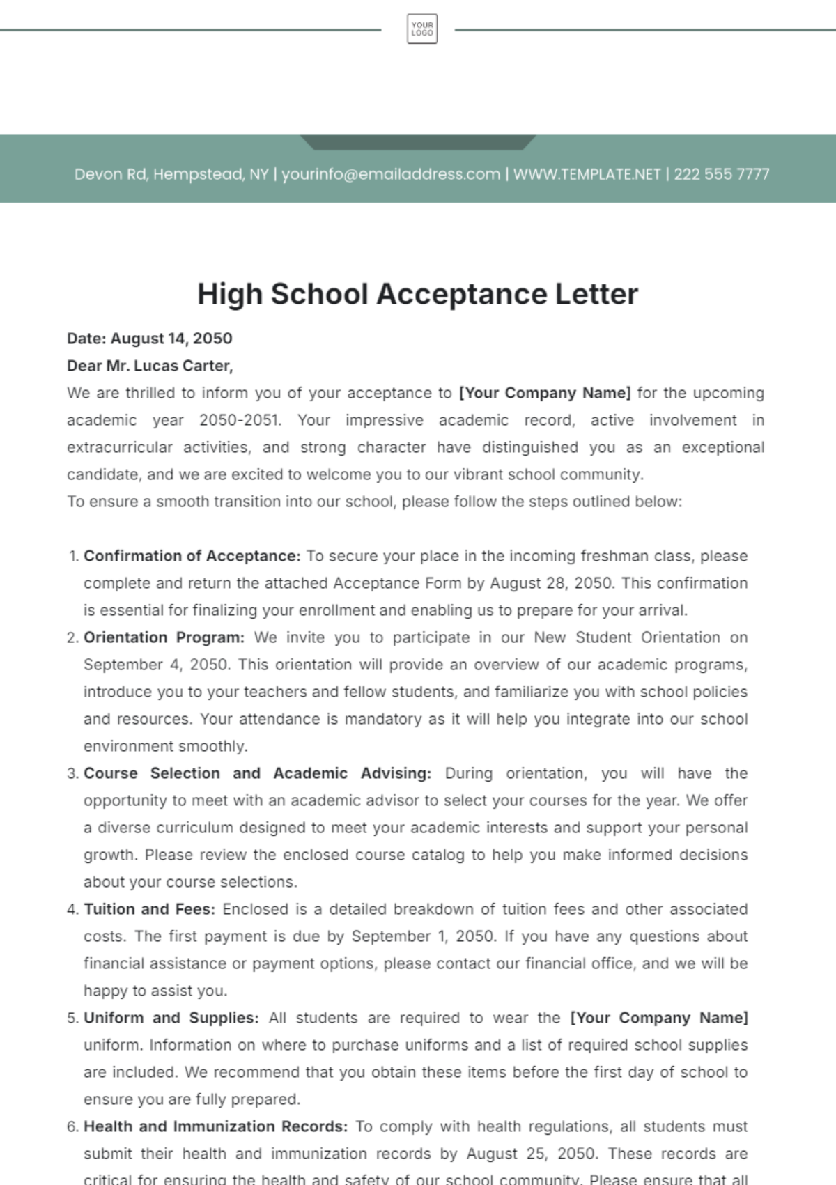 High School Acceptance Letter Template - Edit Online & Download