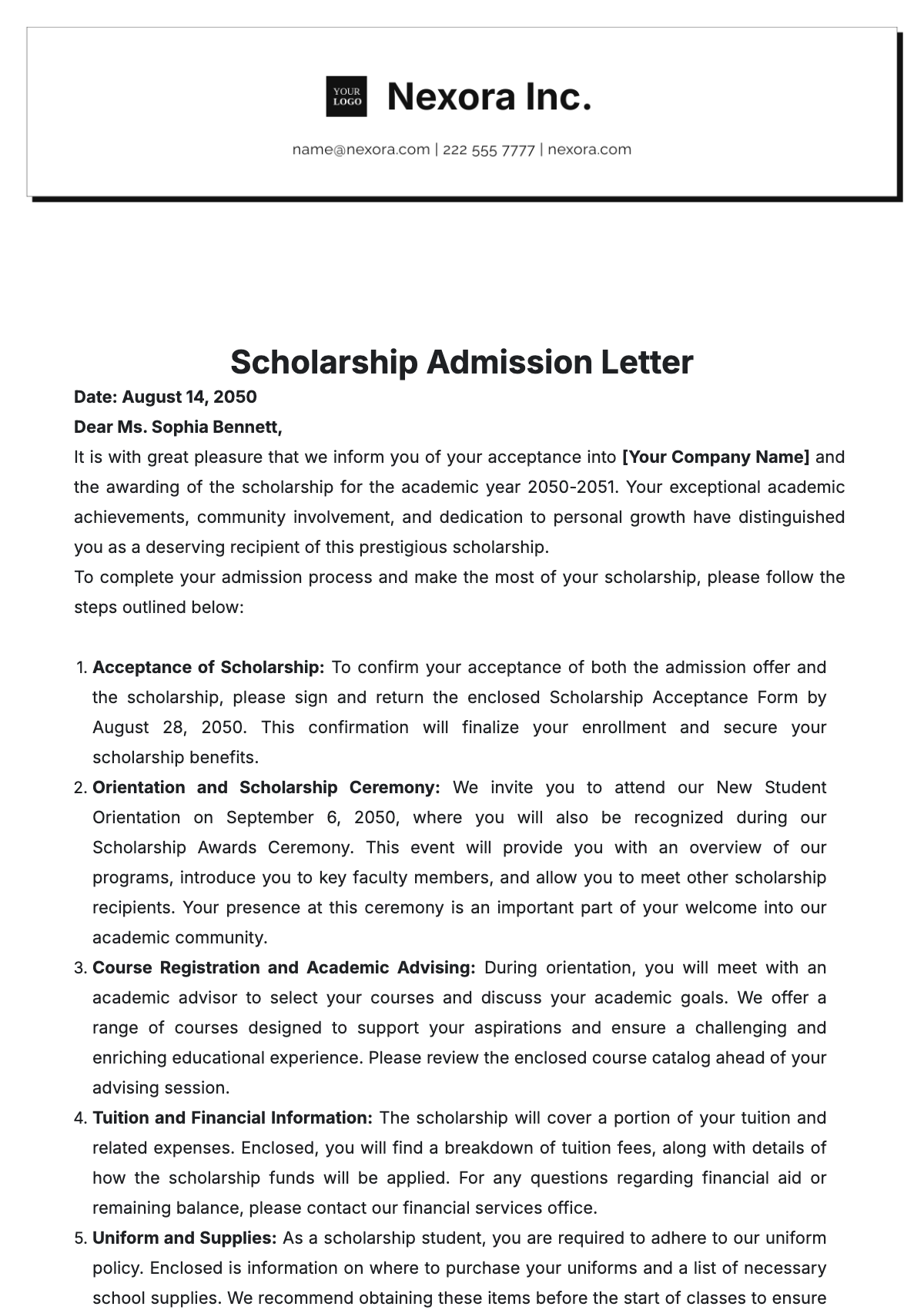 Scholarship Admission Letter Template - Edit Online & Download