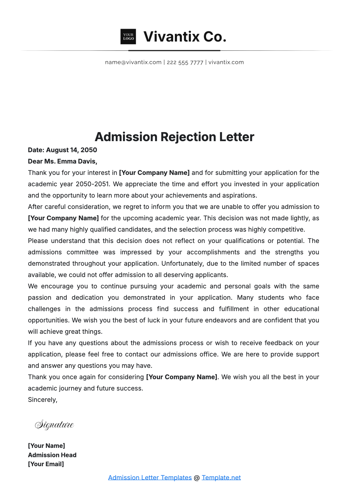 Admission Rejection Letter Template - Edit Online & Download