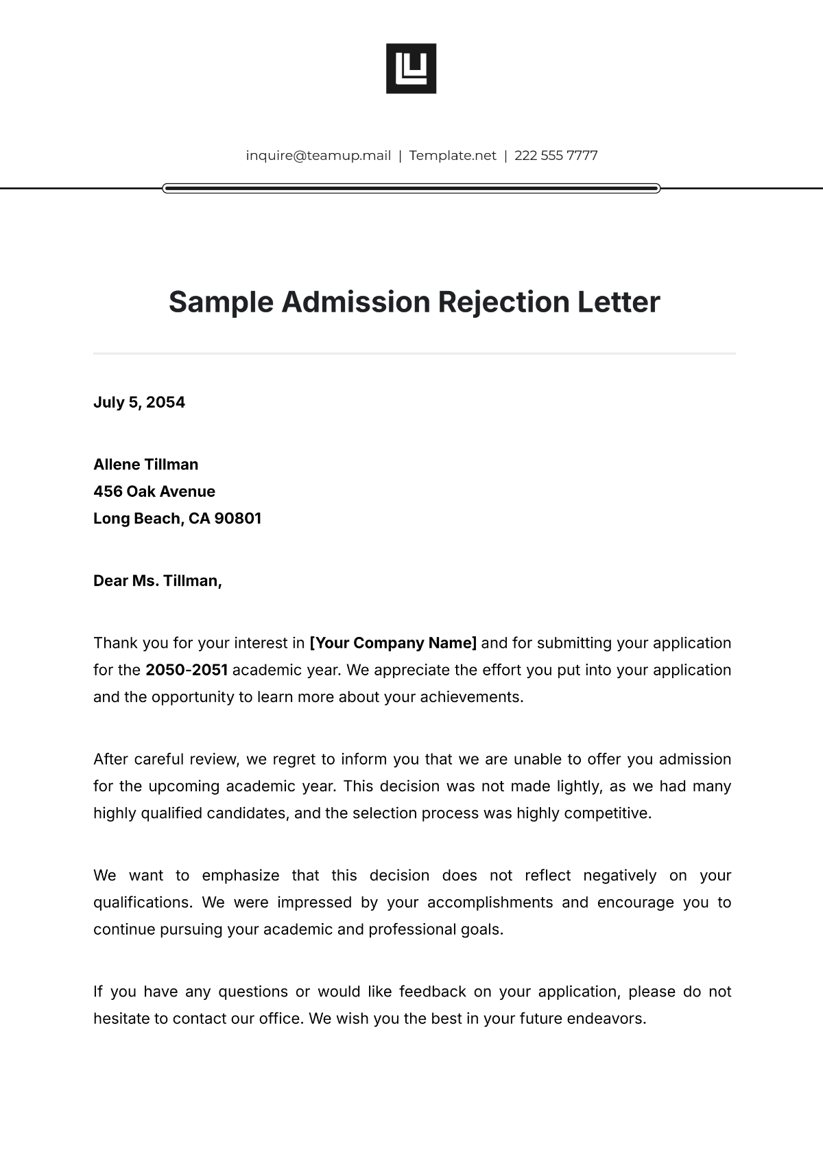 Sample Admission Rejection Letter Template - Edit Online & Download