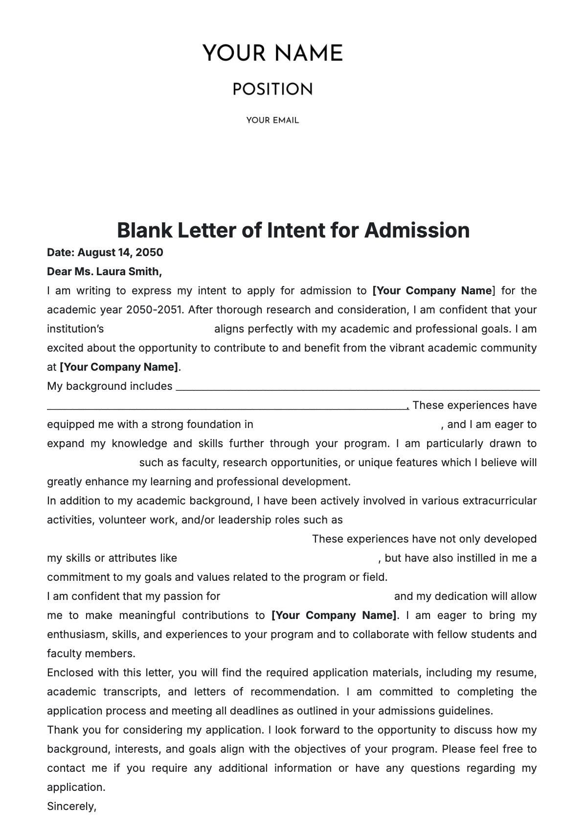 Blank Letter of Intent for Admission Template