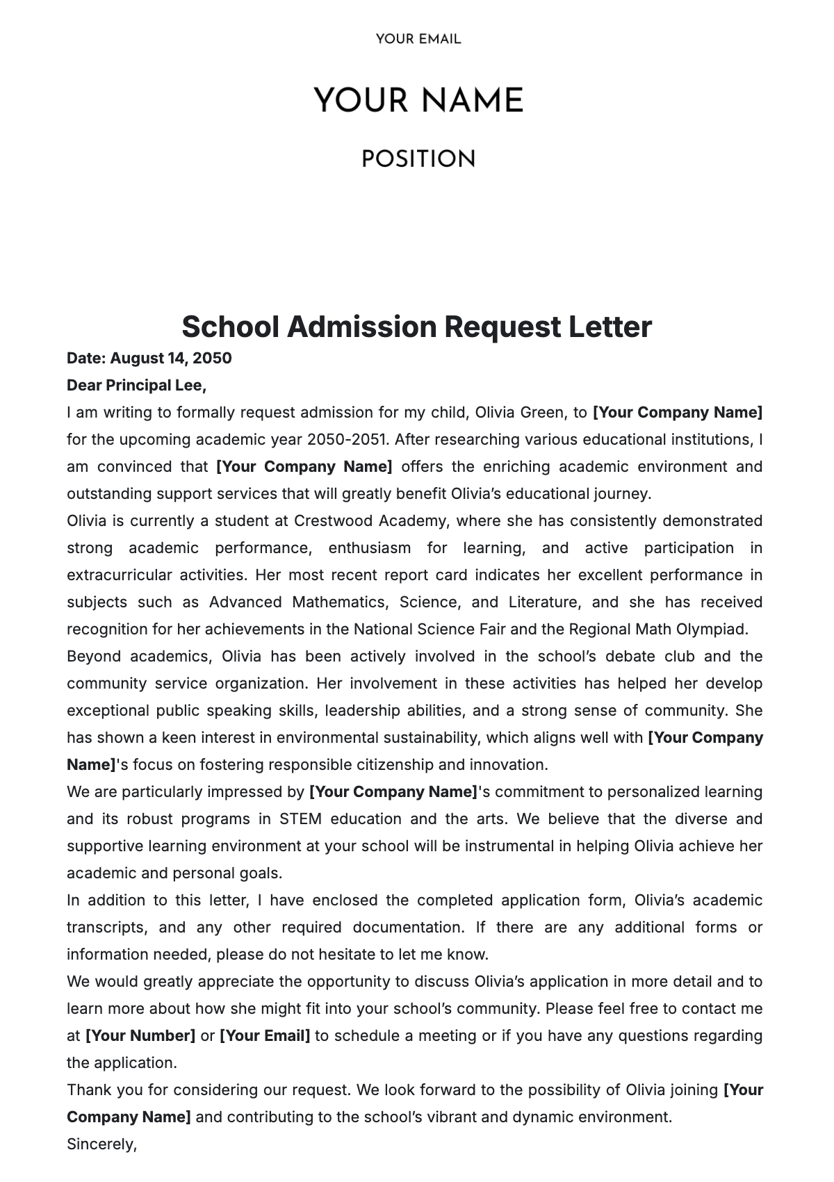 School Admission Request Letter Template