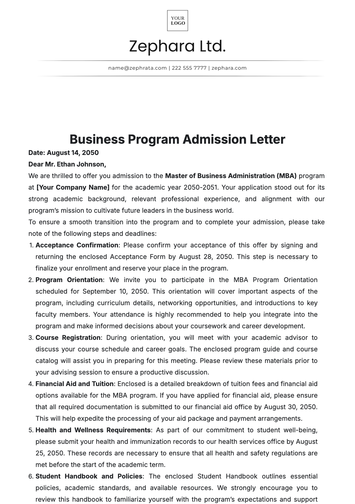 Business Program Admission Letter Template