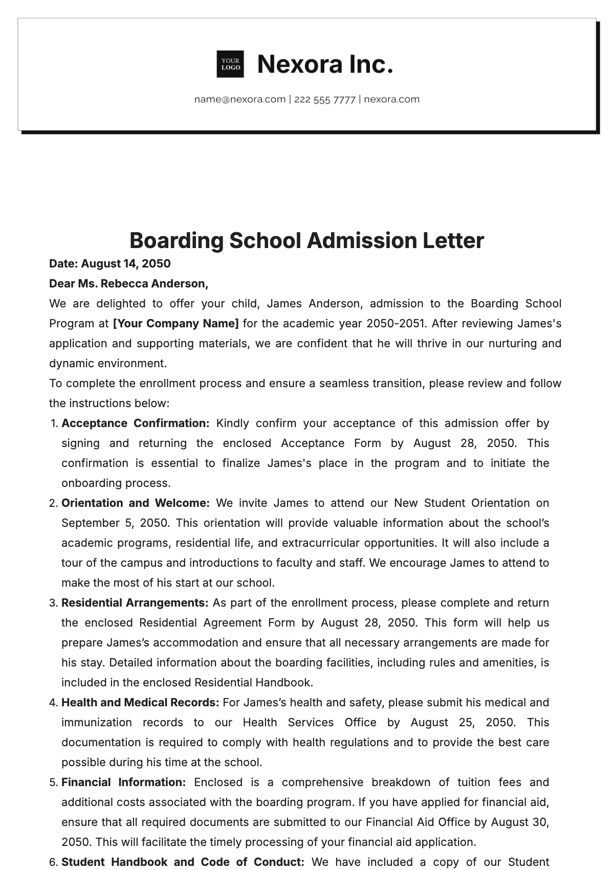 Boarding School Admission Letter Template