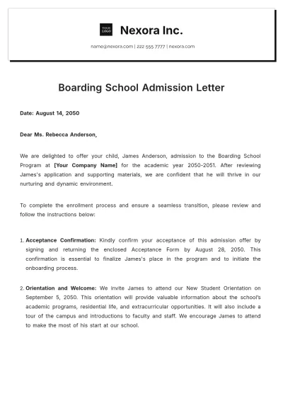 Free Boarding School Admission Letter Template to Edit Online