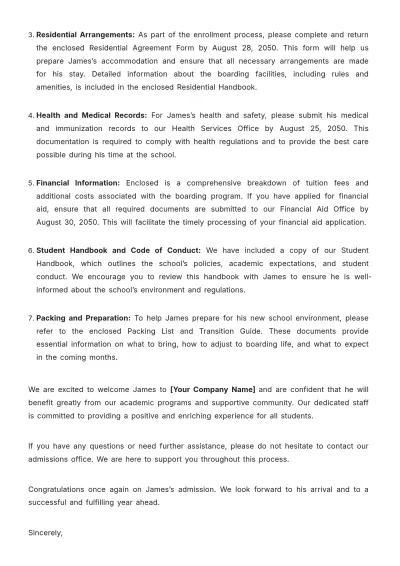 Free Boarding School Admission Letter Template to Edit Online