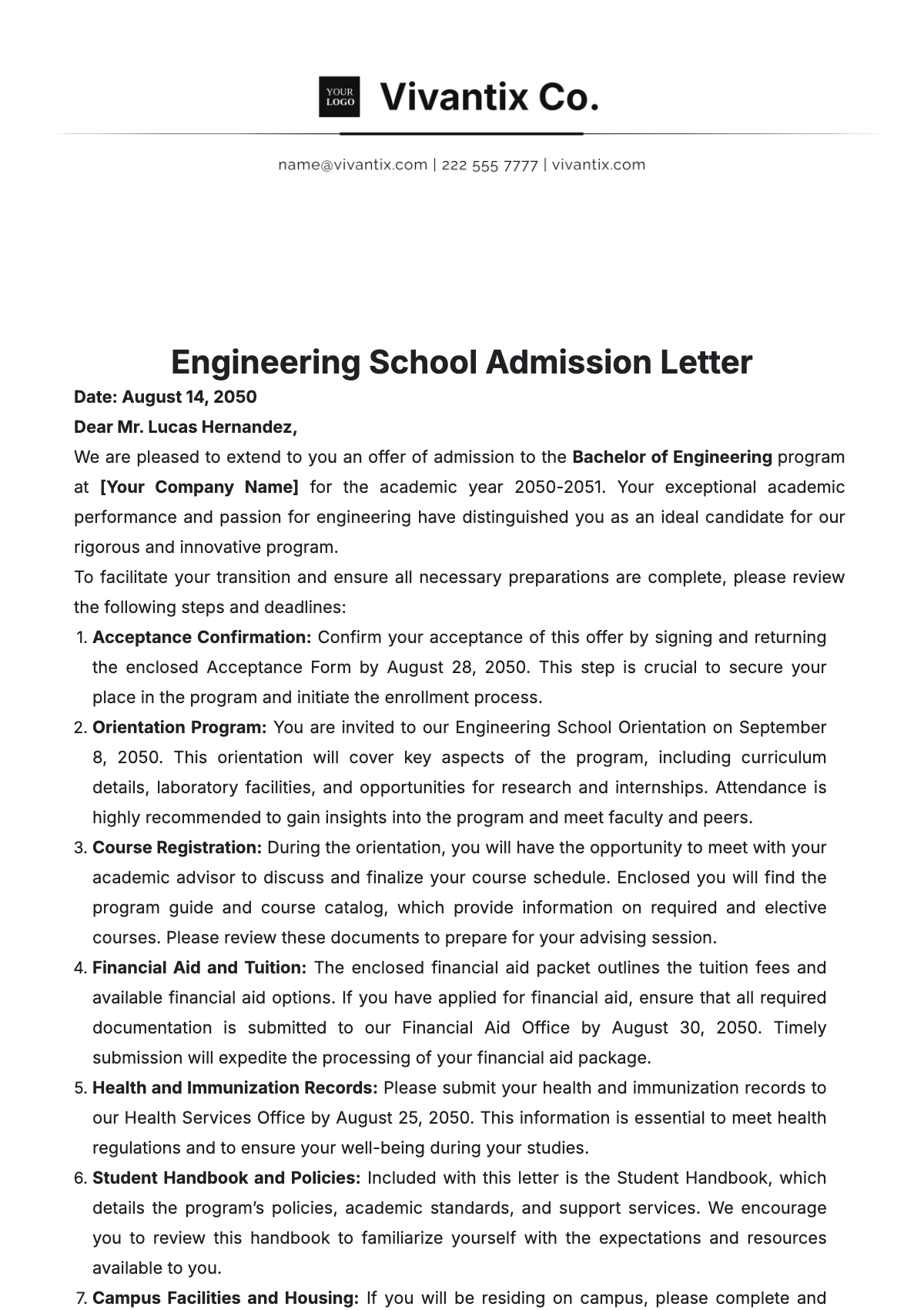 Engineering School Admission Letter Template