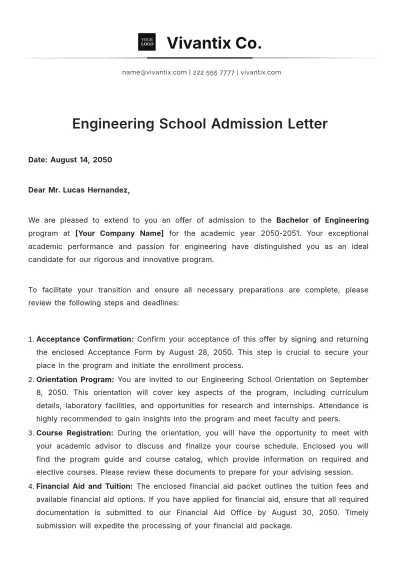Free Engineering School Admission Letter Template to Edit Online