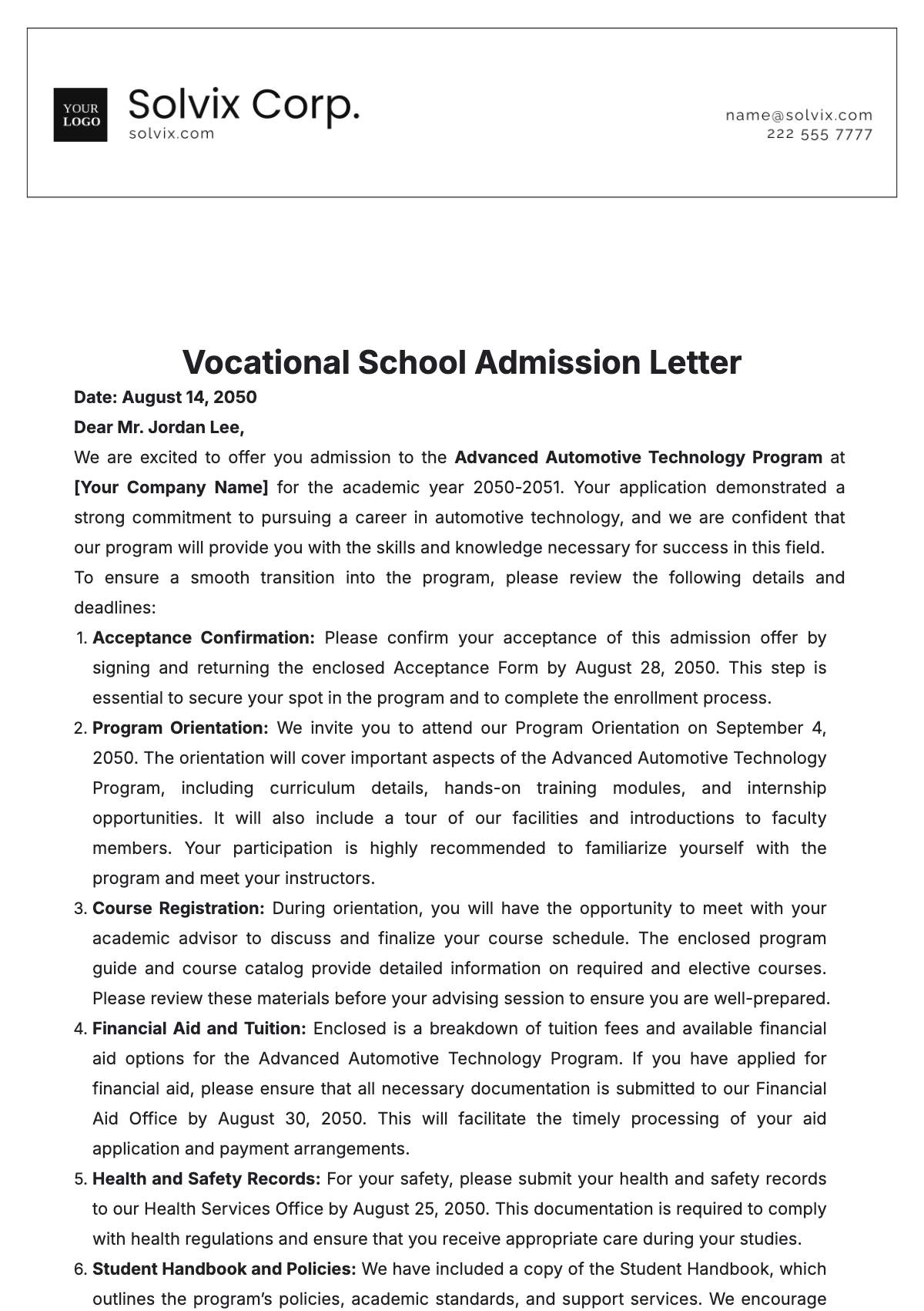 Vocational School Admission Letter Template