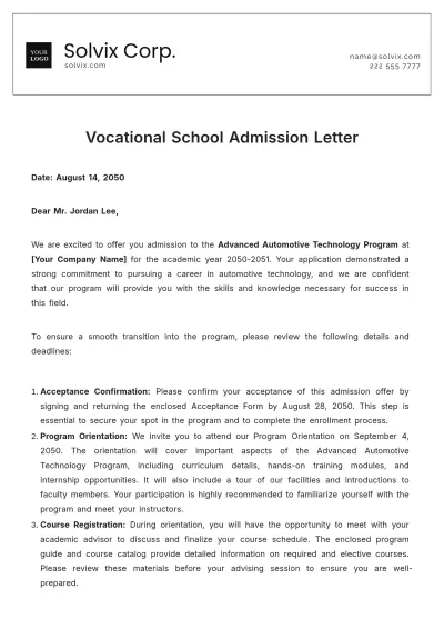 Free Vocational School Admission Letter Template to Edit Online