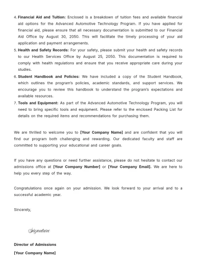 Free Vocational School Admission Letter Template to Edit Online