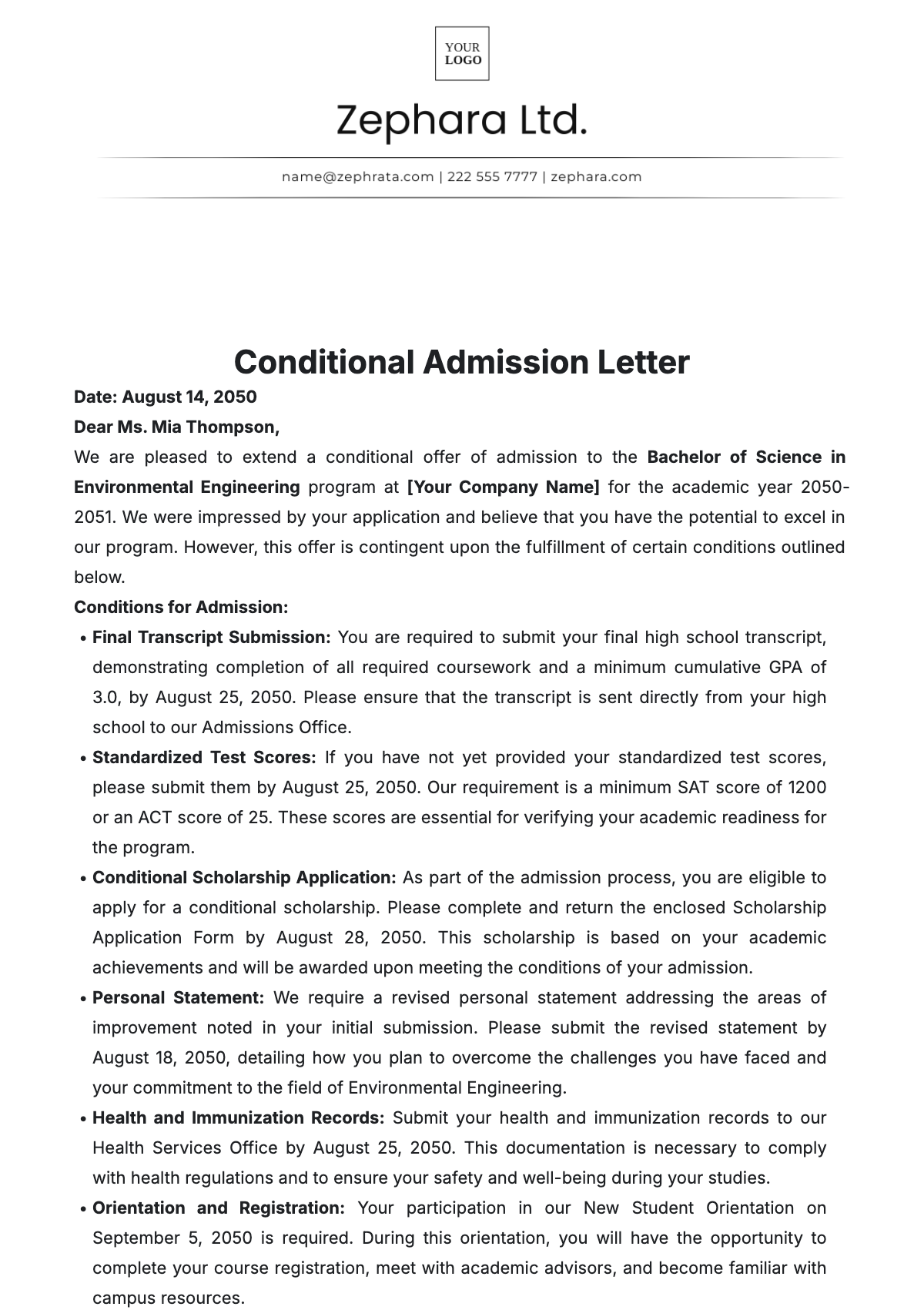 Conditional Admission Letter Template