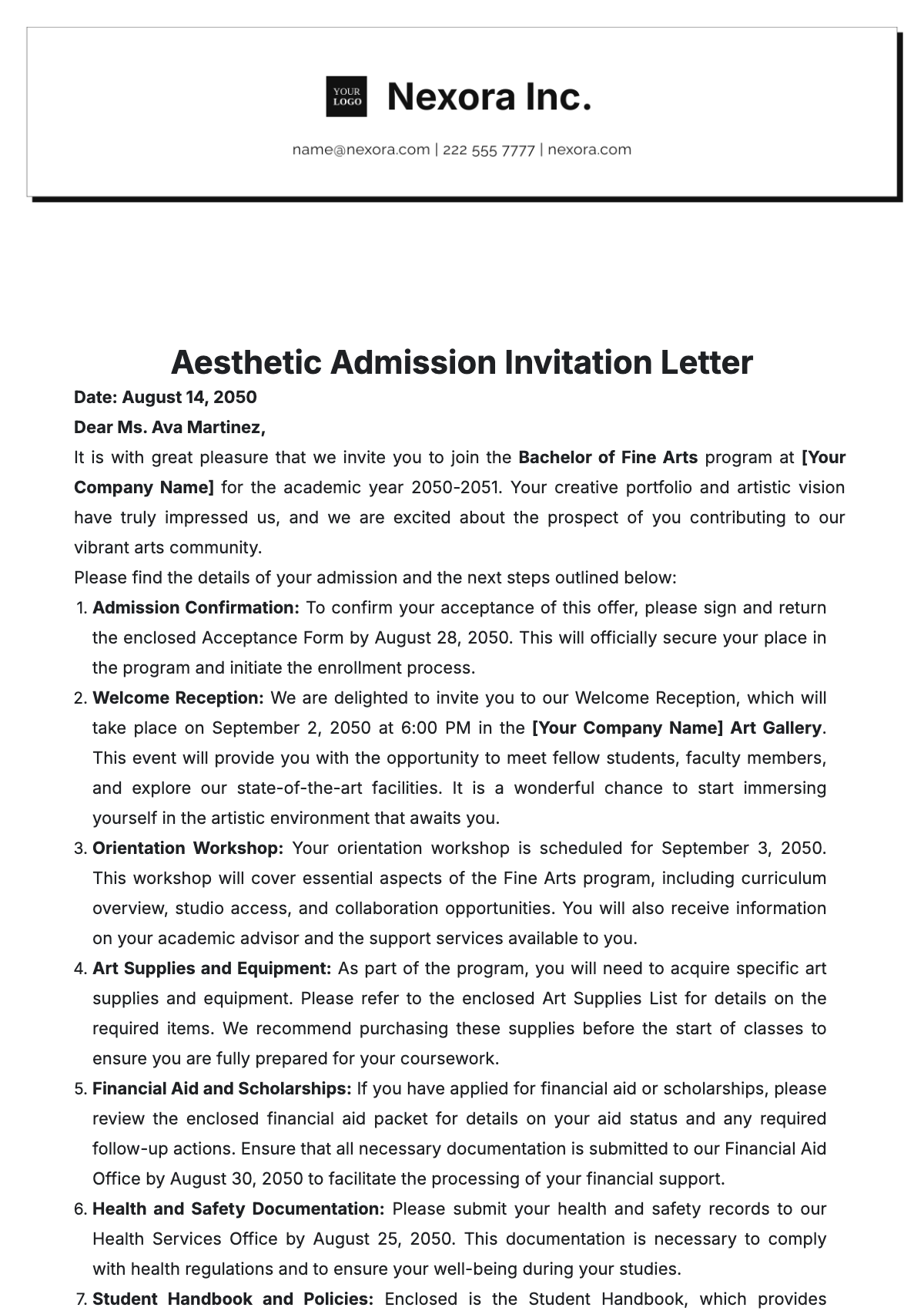 Aesthetic Admission Invitation Letter Template