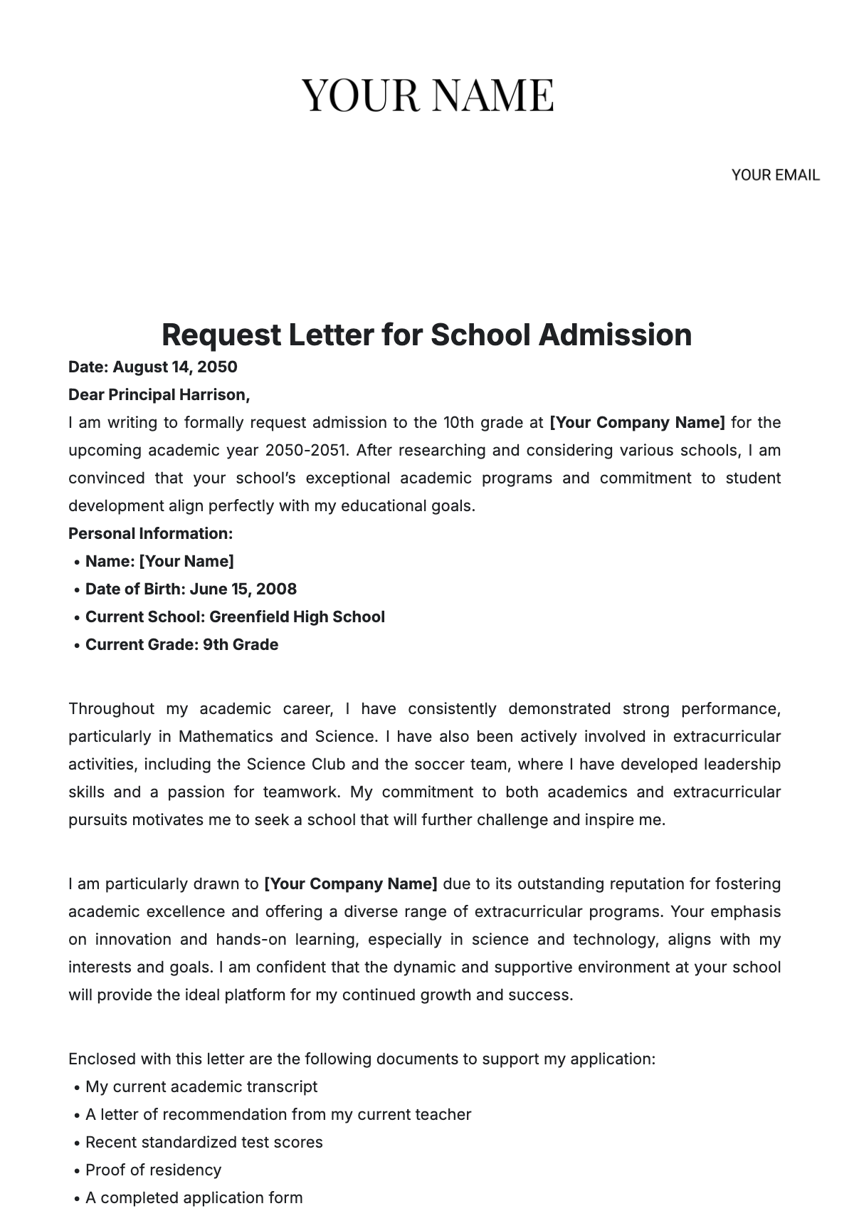 Request Letter for School Admission Template