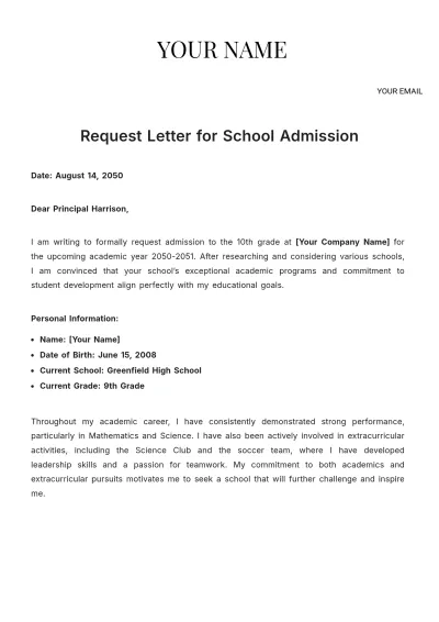 Free Request Letter for School Admission Template to Edit Online